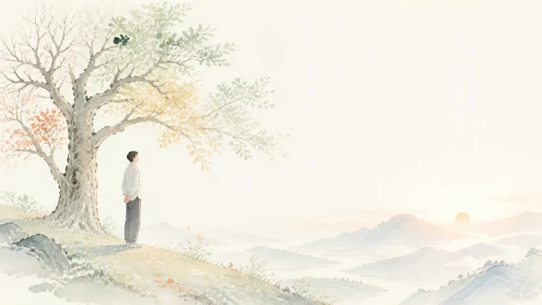 男子站在山坡大树下眺望日出群山