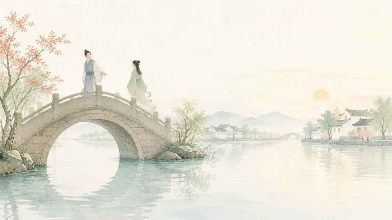 一男一女在湖上石拱桥顶相遇
