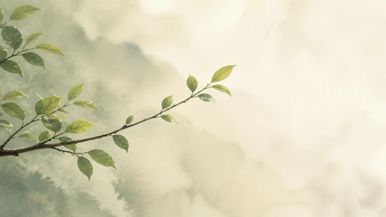 一枝新绿横伸在云雾山林前