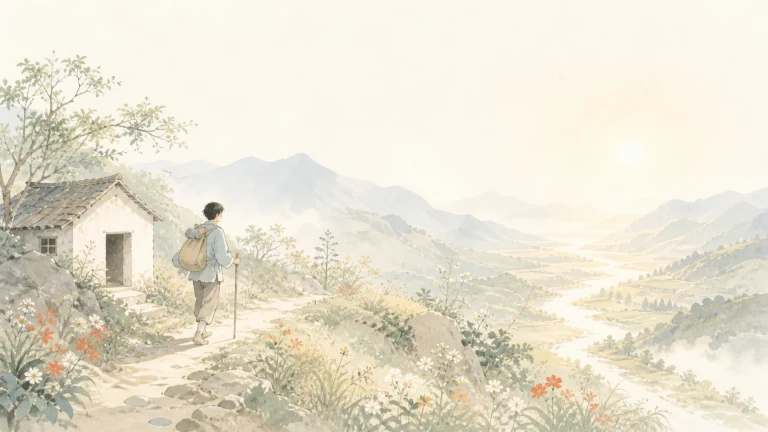 背包旅人拄着手杖离开山间小屋走向山谷