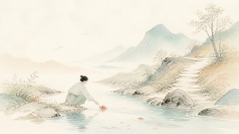 一人跪在山溪边伸手触碰水面漂浮的红叶