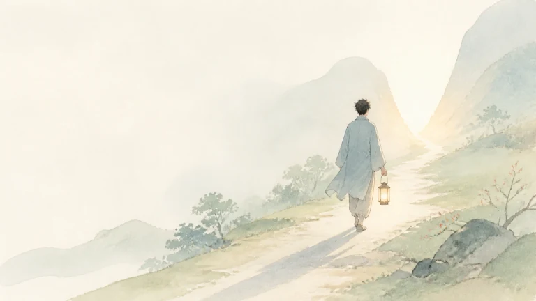 男子提着灯笼沿晨光中的山路上行