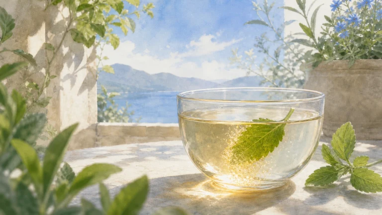 透明茶杯盛着浅金色饮品，一片绿叶浮在水面