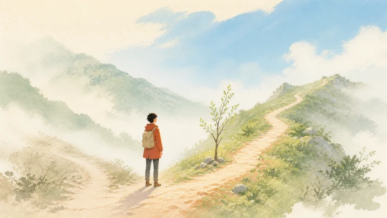 背包少年站在通往两侧山峰的岔路口