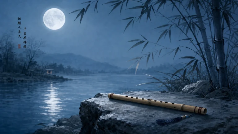 竹笛放在月光湖畔的岩石上，岸边竹叶低垂