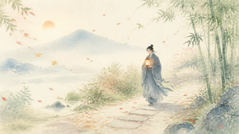 女子提着灯笼走在落叶纷飞的竹林石径