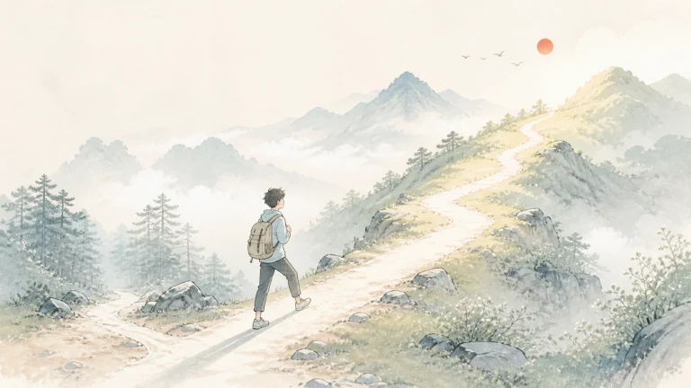 背包旅人沿群山间的蜿蜒小径向高处走
