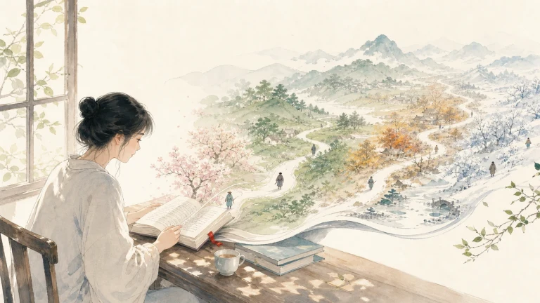 女子坐在窗边读书，窗外山路穿过绿地、花林与雪景