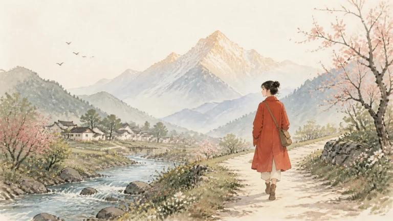 穿红色长衣的女子沿山溪旁花径走向雪峰