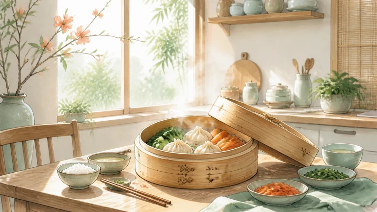 竹蒸笼里盛着包子和蔬菜，周围摆有米饭与配菜