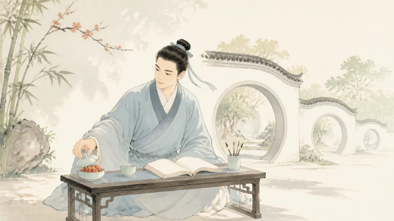 男子坐在园林矮桌旁倒茶，桌上摊着一本书