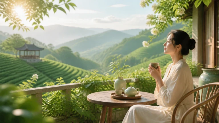 女子坐在茶园露台品茶，远处梯田与山亭沐浴阳光