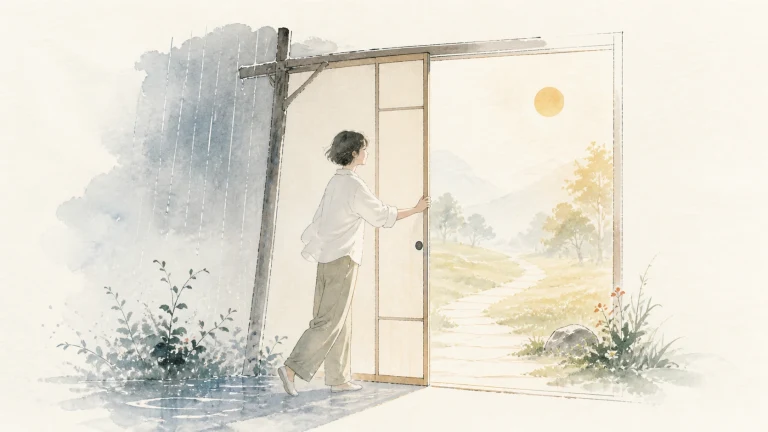 男子推开分隔雨幕与晴朗山路的木门