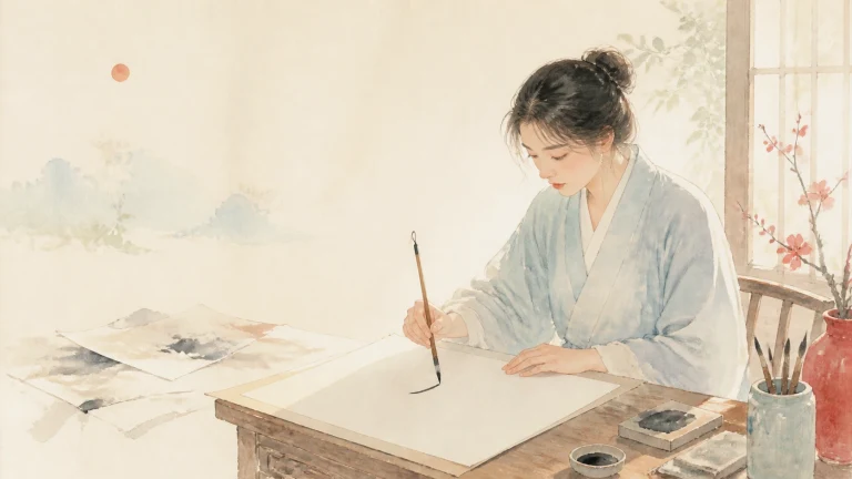 女子坐在临湖书桌前用毛笔书写