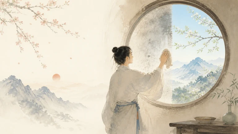 女子擦拭圆形窗面，窗外显露蓝天雪山