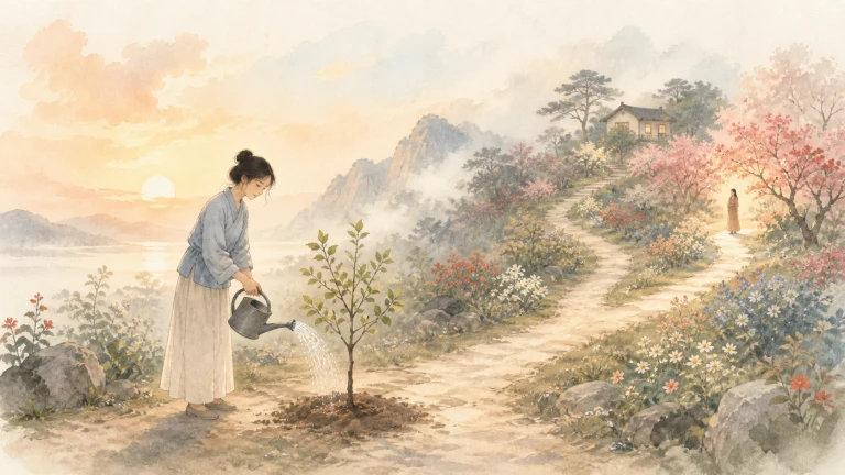 女子在花山小径旁给一株幼树浇水