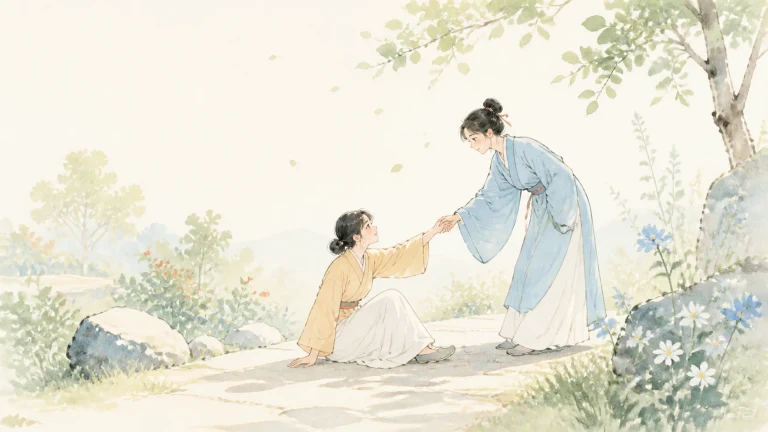 蓝衣女子伸手扶起坐在石径上的黄衣女子