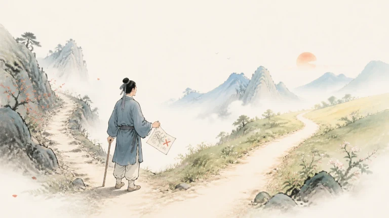 旅人站在山路岔口查看标有红叉的地图