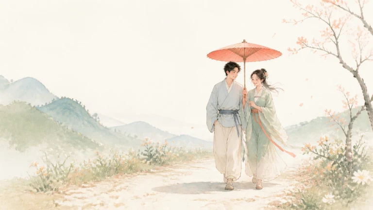 一男一女共撑红伞走在山间花径
