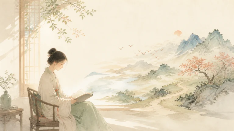 女子坐在明亮窗边读书，窗外是山谷与飞鸟