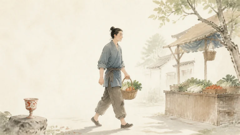 男子提着一篮蔬菜走过乡间摊位