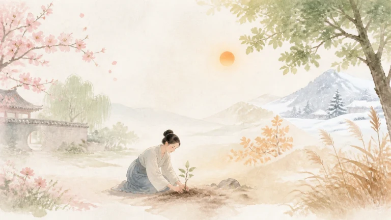 女子蹲在四季景色交汇的湖畔栽种幼苗