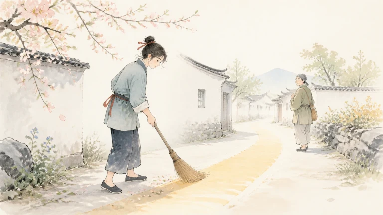 女子在春日巷道扫地，一位老人从前方走来