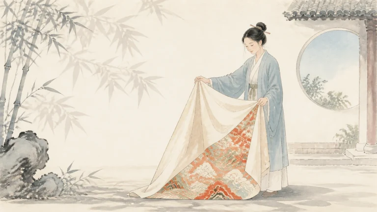 女子在园林中展开一幅红白花纹织物