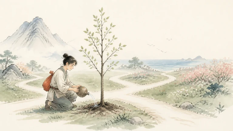 女子在多条山路交汇处为一株幼树浇水