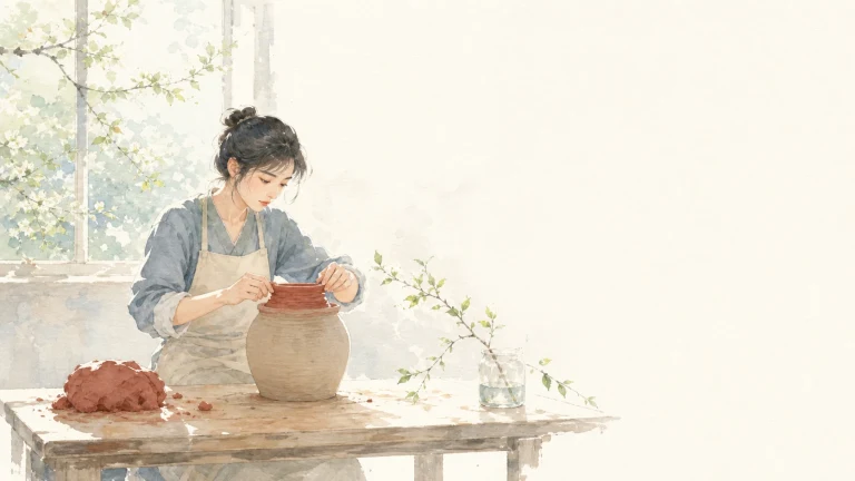 女子在窗边木桌上修整一只红陶罐