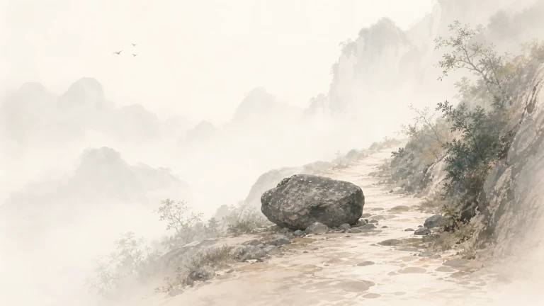 一块巨石横卧在云雾山间的狭窄小路上