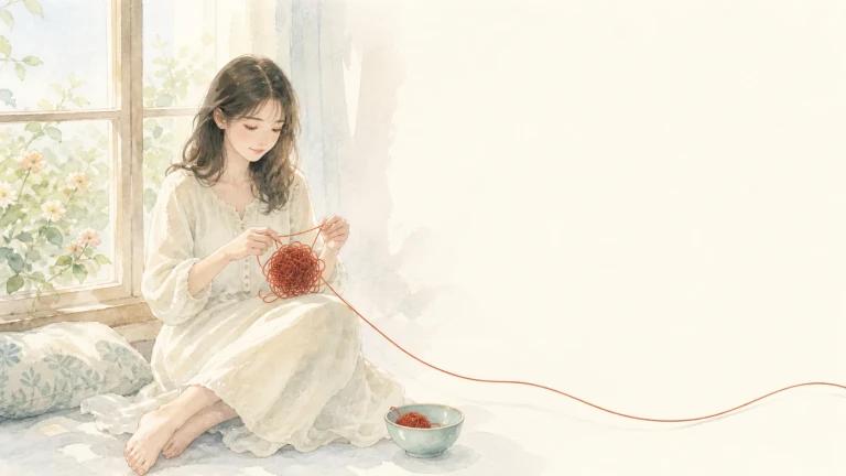 女子坐在阳光窗边编织红色毛线