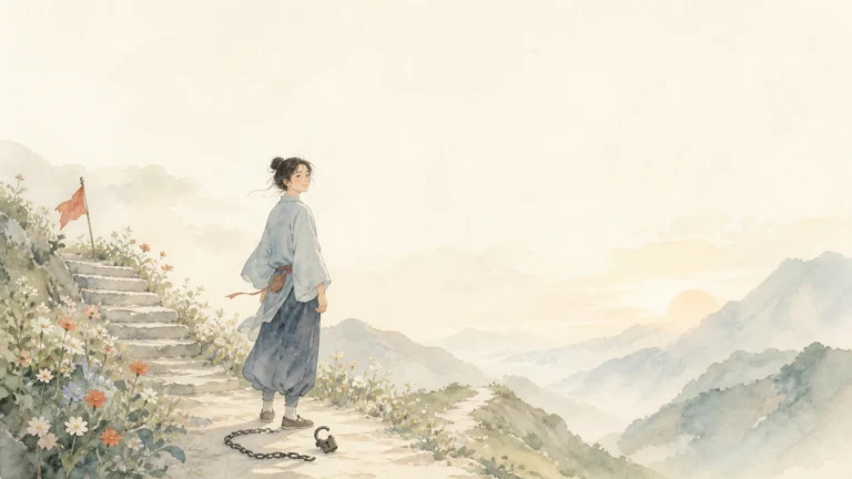 女子站在山路石阶旁，脚边落着断开的铁链