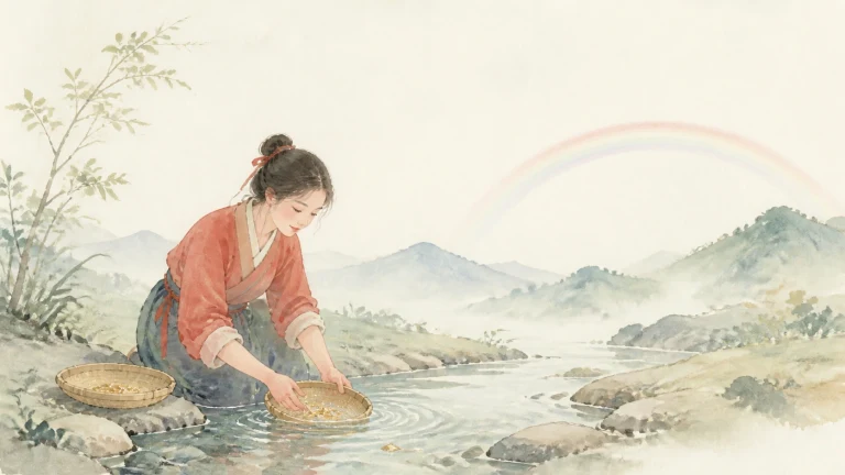 红衣女子在彩虹下的山溪中清洗竹筛里的谷物