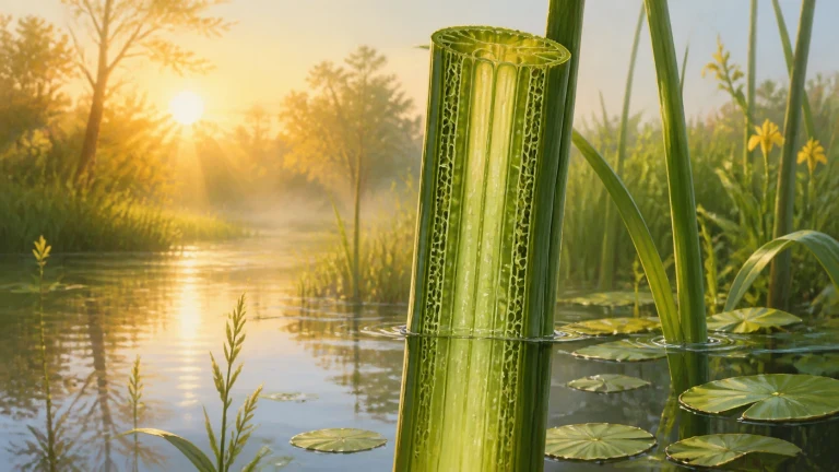 透明绿色植物茎秆从夕阳池塘水面伸出