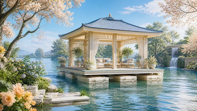 开花湖园中央建有一座临水木亭