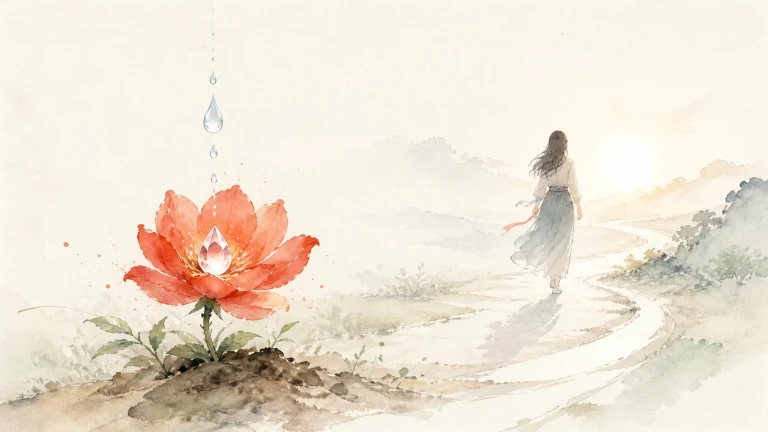 水滴落入红色花朵中央的晶莹水珠，女子沿山路远去