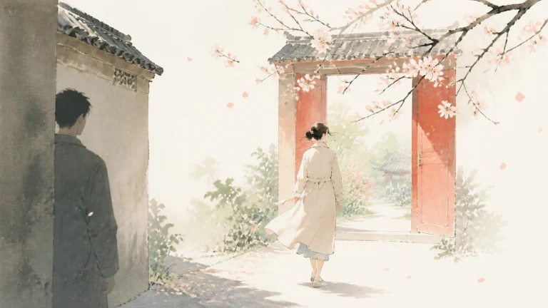 女子走出落花飘舞的红色院门，男子在墙后注视