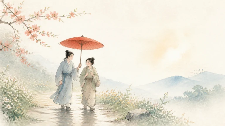两名女子共撑红伞走在花山小径