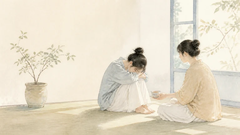 一名女子蜷坐掩面，另一名女子坐在对面伸手安慰