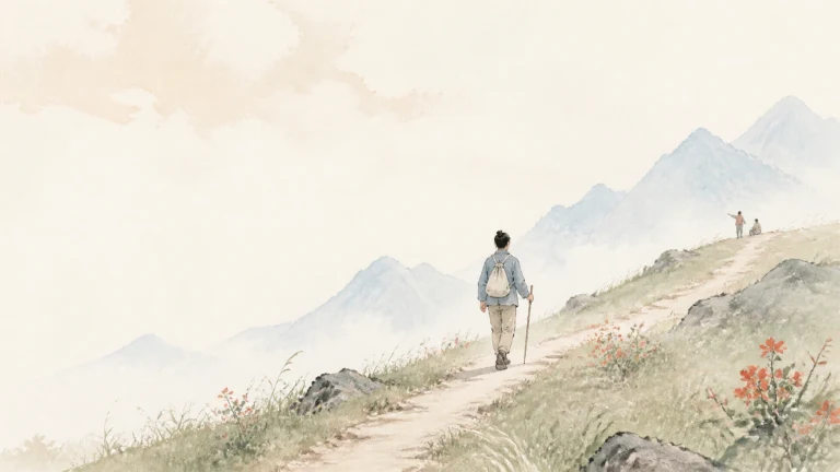背包旅人沿山坡小径走向前方两名行人