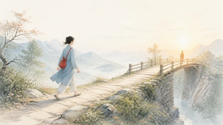 女子沿山间石桥走向夕阳中的另一名行人
