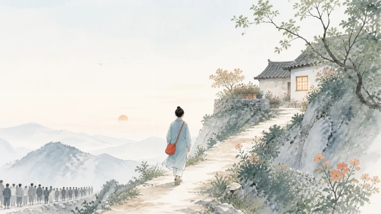 背包女子沿山路走向坡顶亮窗小屋，山下聚着一队人