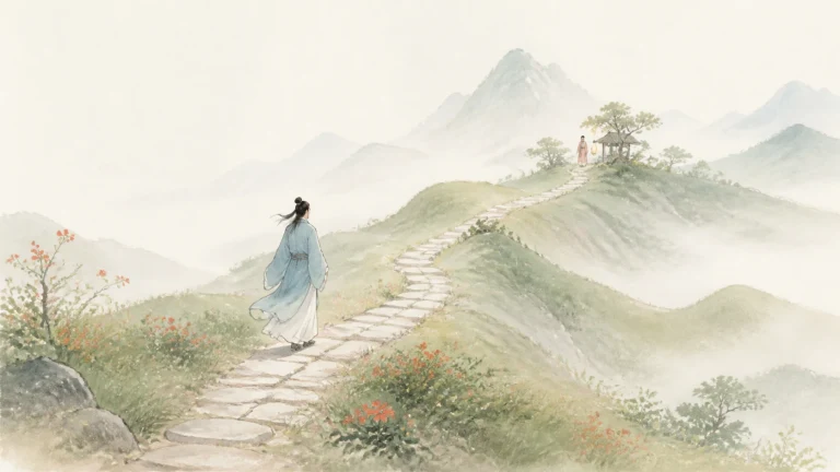 女子循山脊石路走向远处亭台和人影