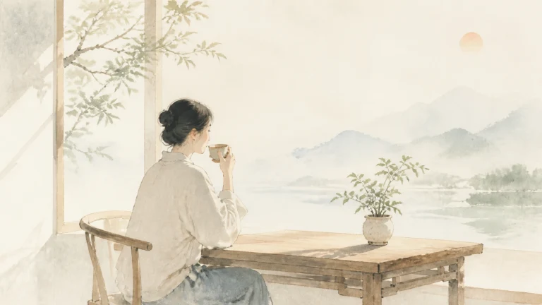 女子坐在临湖木桌旁举杯喝茶