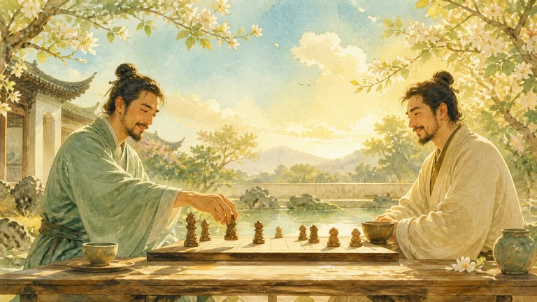 两名男子坐在秋日庭院木桌旁对弈