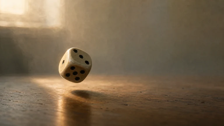 一枚木质骰子在光束照亮的桌面上翻滚