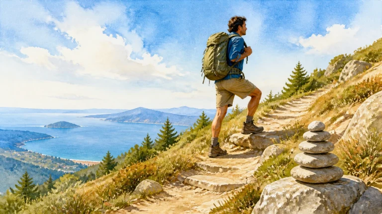 背包男子沿湖山石径上行，路旁堆着石堆