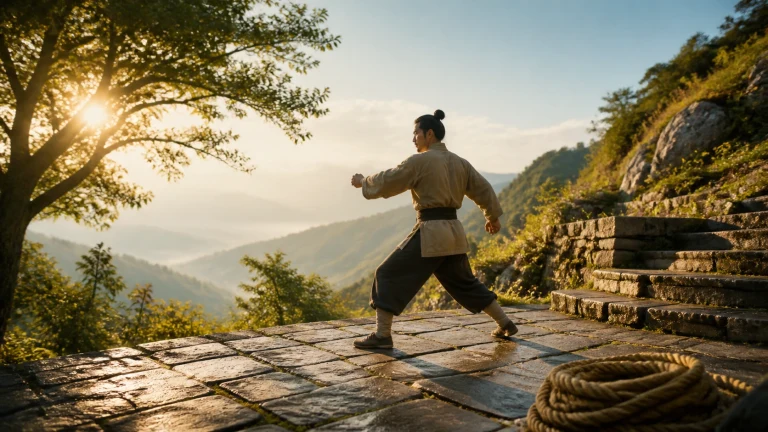 男子在山间石台上迎着晨光练拳