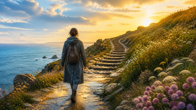 背包女子沿夕阳海岸的花径走向上方石阶